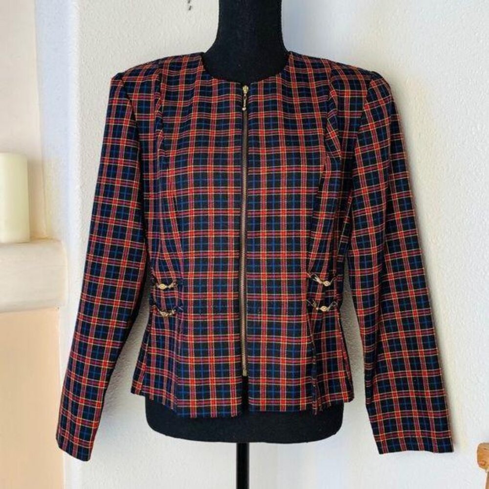 Vintage Plaid Blazer Jacket With Zip Front & Decorative Buckles